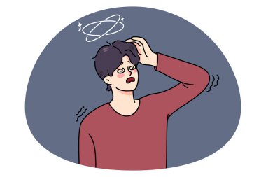 Mutsuz hasta bir adam baş dönmesi ya da bulanık görme yüzünden kendini kötü hisseder. Hasta adam sağlık sorunlarıyla boğuşuyor. Erkek bayılıyor ya da bilincini kaybediyor. Düz vektör çizimi, çizgi film karakteri.