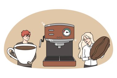 Çeşitli baristalar modern makinelerde kahve yaparlar. Mutlu insanlar taze fasulyeden sıcak içecek espresso ya da kapuçino hazırlar. Kahve dükkanı konsepti. Vektör illüstrasyonu.