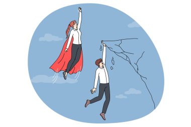 Süper kahraman olarak iş kadını, erkek arkadaşını arkada bırakarak uçuyor. Kahraman olarak kadın çalışan, iş arkadaşlarını uçurumun kenarında sallandırıyor. Rekabet ve rekabet. Vektör illüstrasyonu.
