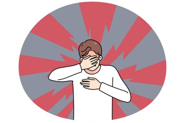 Mutsuz genç adam panik atak geçiriyor ya da psikolojik yardıma ihtiyacı var. Stresli adam depresyonla boğuşuyor ya da zihinsel sorunlar yaşıyor. Vektör illüstrasyonu.