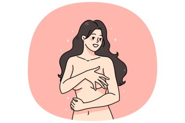 Pembe stüdyo arka planında elleri ile izole edilmiş mutlu genç kadın. Gülümseyen seksi milenyum kızı. Kıyafetleri yok. Sanat ve çıplaklık. Vektör illüstrasyonu.