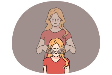 Mutsuz genç kadın kendini stresli hissediyor. Hayalet ikiz gözleri ve elleri var. Üzgün kız depresyonla boğuşuyor ya da gerçekliği inkar ediyor. Kendini kandırma kavramı. Düz vektör illüstrasyonu.