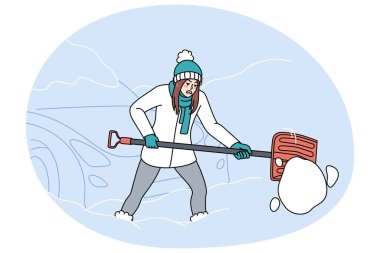 Mutsuz, yorgun ve kürekli bir kadın kış sabahı kardan araba kazıyor. Deli kadın, kar fırtınası sonrası üstü karla kaplı temiz otomobil. Fırtınalı hava durumu. Vektör illüstrasyonu.