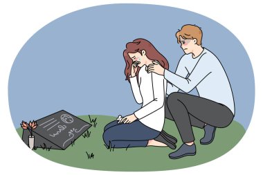 Depresyondaki çift mezarlıktaki kedi mezar taşında ağlıyor. Stressiz erkek ve kadın sahipleri evcil hayvanlarının vefatından sonra yas tutuyorlar. Köpek anıtı. Vektör illüstrasyonu.