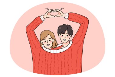 Cute happy couple lovers wearing one sweater make heart hand gesture. Smiling man and woman hug demonstrate love sign. Romance and relationship concept. Vector illustration. clipart