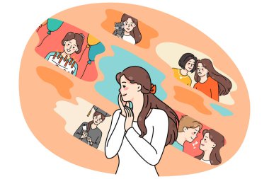 Genç bir kadın hayattan farklı sahneleri hatırlarken nostaljik hisseder. Olumlu ve olumsuz olaylarla dolu mutlu kız anıları. Nostalji ve hatırlama. Vektör illüstrasyonu.