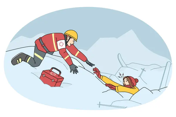 stock vector Lifesaver helping skier buried in avalanche after severe snowstorm. Rescuer find people in snow at ski resort. Lifesaving and rescuing operation. Flat vector illustration.