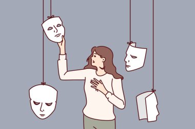 Kadın aktris tiyatroda oynamak için maske seçer ya da başkasının işine burnunu sokmak için duygularını değiştirir. Maskeli kız, ikiyüzlülük ve zihinsel bozukluk metaforu ya da zihinsel sorunlar.