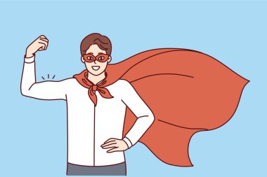 Ofis çalışanı kıyafetleri ve kırmızı pelerinli erkek süper kahraman yüksek iş becerileri konsepti için pazılarını gösteriyor. Başarılı süper kahraman iş adamı şirket çalışanlarına ya da kriz yönetimine yardım etmeye hazır..