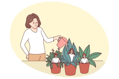 Çalışanlar küçük saksılarda oturur ve yöneticiler sularlar. Patron ya da lider işçilerin büyümesine yardım eder. Akıl hocalığı ve kalkınma kavramı. Vektör illüstrasyonu.