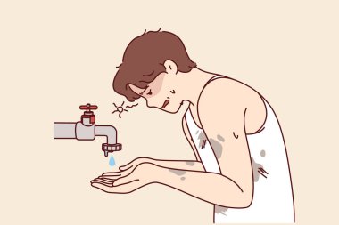 Çeşmenin yanındaki kurumuş, yıkanmış ya da susuzluktan kurtarılmış adam kuraklık sırasında hayatta kalmaya çalışıyor. Kuraklık ve tatlı suya ulaşamama sorunu ekolojik felakete neden oluyor.