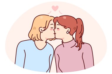 Mutlu kadınların öpüşmesi homoseksüel ilişkileri gösteriyor. Eşcinsel çift ilişkinin tadını çıkarır. LGBT toplum konsepti. Vektör illüstrasyonu.