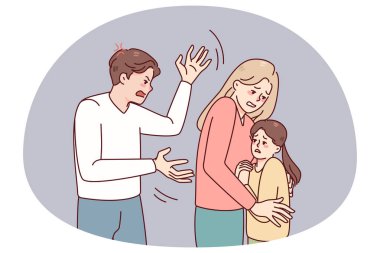 Anne çocuğu saldırgan babadan korur. Kadın çocuğu otoriter kocasından saklar. Aile içi şiddet ve aile içi şiddet sorunu. Vektör illüstrasyonu.