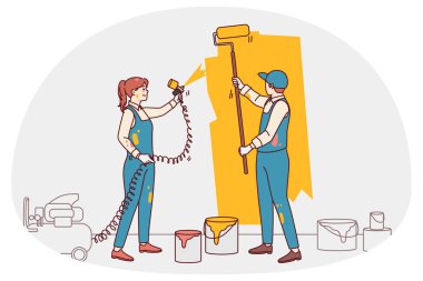 Birkaç tasarımcı konut tadilatına katılan duvarları boyuyor. İnsanlar apartmanı yeniden dekore ediyor. İç tasarım ve dekorasyon. Düz vektör illüstrasyonu.
