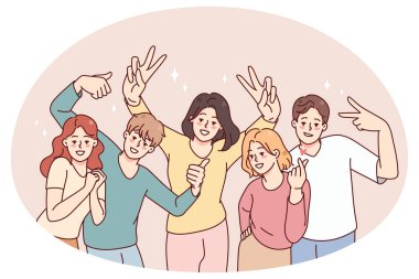 Birlikte poz veren gülümseyen insanların portresi. Mutlu erkekler ve kadınlar çeşitli jestler yaparak eğlenirler. Arkadaşlık ve birlik. Vektör illüstrasyonu.