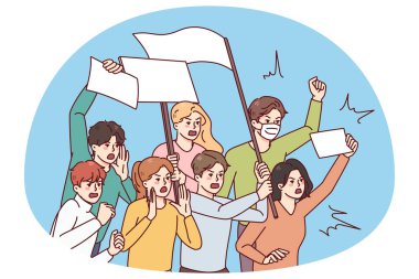 Pankartlı kızgın insanlar gösteriyi ya da isyanı protesto ediyorlar. Öfkeli eylemciler buluşmada ayrımcılığa karşı dururlar. Vektör illüstrasyonu.