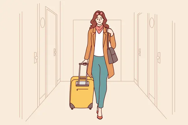 stock vector Woman tourist is in corridor of hotel, goes with travel suitcase, after completing business trip. Successful girl with luggage checks into hotel to have good time during summer vacation