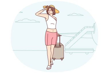 Happy woman with suitcase in airport ready for summer vacation. Smiling girl in hat with baggage excited about summertime holidays. Vector illustration.