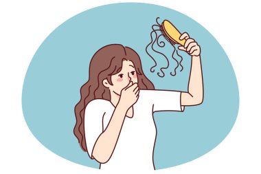 Unhappy woman frustrated with hair loss. Upset female stressed with hair thinning need medical treatment or procedure. Vector illustration.