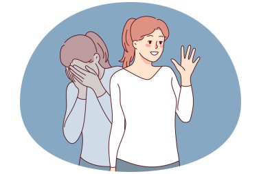 Girl pretending happy and smiling suffering from depression mental breakdown. Young woman struggle with psychology problems inside. Vector illustration.