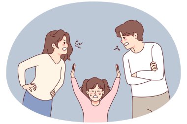 Unhappy little kid suffer from parents arguing. Small child struggle with mom and dad fighting. Domestic violence effect on children. Vector illustration.