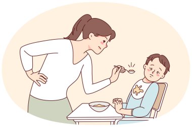 Stubborn baby refuse eating food. Mother feed ill-behaved toddler at home. Parenthood and children upbringing problems. Vector illustration.