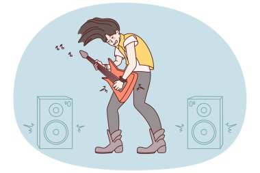 Rocker with electric guitar have fun play on stage. Woman in rock clothing and boots perform on concert. Music and performance. Vector illustration.