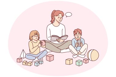 Happy young mother relax together with small kids at home. Mom or nanny rest with little children indoors. Childhood and parenthood. Vector illustration.