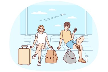 Happy couple with suitcases sitting in airport ready for summer vacation. Smiling man and woman with baggage excited about traveling. Tourism concept. Vector illustration.