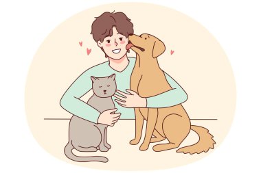 Happy man with cat and dog showing love and care. Smiling guy with pets enjoy domestic animals company. Vector illustration.