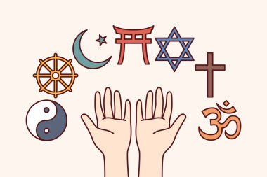 Dinlerin sembolleri ve din adamları için en iyi dini seçen kişinin yakınlarındaki itiraflar. Budizm ve Musevilik yakınlarında İslami ve Hıristiyan dini simgesi.