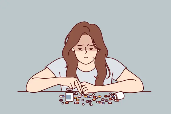 Stock vector Woman is about to commit suicide and drink lethal dosage medication, sitting at table with antibiotics. Girl is considering medication for depression and feels hopelessness caused by mental problems