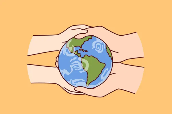 stock vector Globe in hands of two people caring about planet earth and wishing to save nature from pollution and climate change. Miniature globe to advertise environmental initiatives to reduce co2 emissions