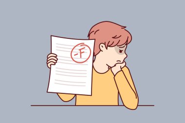 Okullu çocuk, okulda çalışmak için motivasyon eksikliğinden kaynaklanan kötü test puanı ve eğitim başarısızlıkları yüzünden üzgün. Çocuk ilkokulda sınava girdiği için üzgün ve özel öğretmenin yardımına ihtiyacı var.