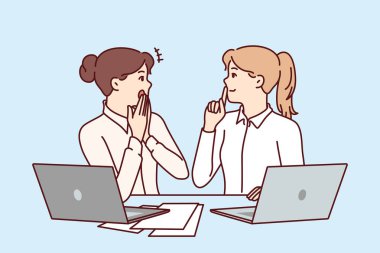 Kadın ofis çalışanları dedikodu yapıyor ve dağıtım için yasak sırları paylaşıyor, dizüstü bilgisayarlarla ve kağıtlarla masada oturuyor. Kızlar dedikodu yapıyor ve NDA sözleşmesi nedeniyle veri yayılmasını yasaklayan 