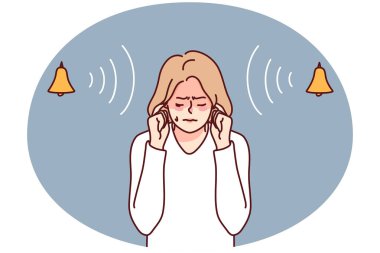 Stressed woman close ear suffer from loud noise. Unhappy girl avoid noisy bells ringing. Vector illustration.