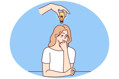 Frustrated woman with lightbulb above head thinking making solution. Consumed pensive businesswoman generate creative innovative idea. Vector illustration.