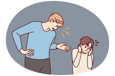 Angry father scream scold small unhappy kid covering ears from aggression. Mad aggressive parent lecture shout at unhappy little son, avoiding domestic violence. Vector illustration.