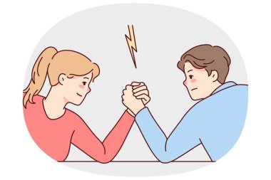 Man and woman arm wrestling decide leadership and dominance. Male and female cartoon characters demonstrate strength and power. Vector illustration.