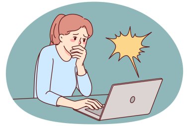 Sersemlemiş kadın internetteki inanılmaz haberler karşısında şok olmuş hissediyor. Mektuplara ya da bilgisayardaki uyarılara şaşırmış bir kız. Vektör illüstrasyonu.