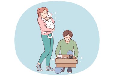 Happy couple with pets. Smiling man and woman take abandoned kittens on street. Domestic animals love. Vector illustration.