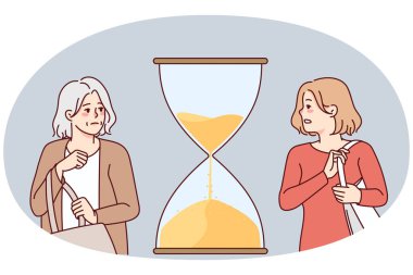 Young and old woman with hourglass between them. Concept of fast life and aging. Female life cycle. Vector illustration.