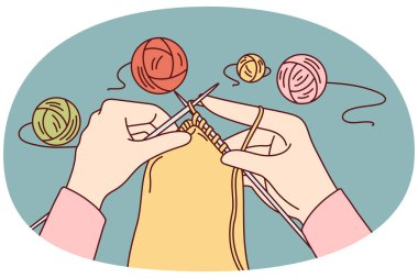 İğneler ve ipliklerle örgü ören bir kadın. Sanat ve zanaat kavramı, hobi ve eğlence. Vektör illüstrasyonu.