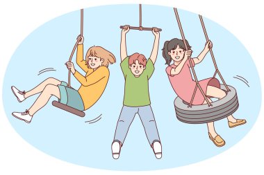 Happy small kids have fun playing outside. Smiling little children enjoy outdoor activities during summer vacation. Vector illustration.