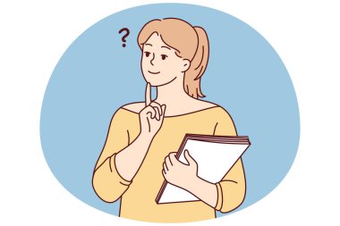 Belgeleri olan düşünceli genç bir kadın karar ya da plan yapar. Düşünceli kız düşünüyor ve beyin fırtınası yapıyor. Vektör illüstrasyonu.