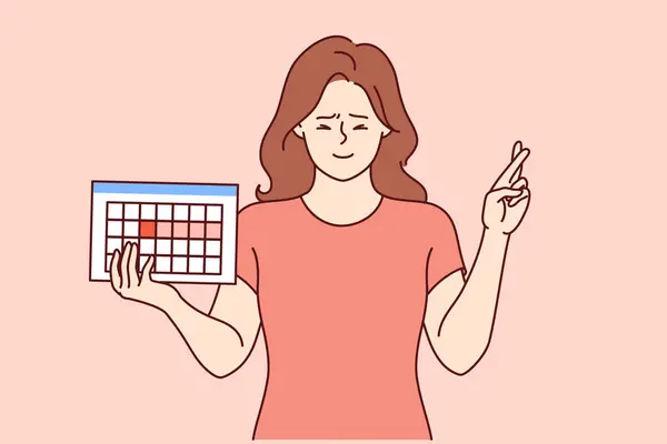 stock vector Female hormonal calendar in hands girl crossing fingers in hope of successfully conceiving child. Hormonal calendar for tracking menstrual cycles and genetic needs for women wishing to become pregnant