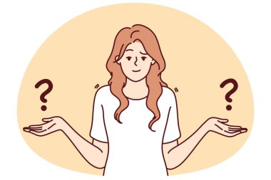 Kafası karışmış bir kadın karar verirken ya da seçim yaparken hayal kırıklığına uğrar. Sıkıntılı kadınların karar verme ya da seçme ikilemi vardır. Vektör illüstrasyonu.