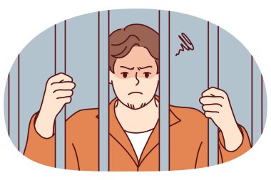 Unhappy man in robe behind bars in jail. Angry male criminal imprisoned for crime or misdemeanor. Imprisonment and sentence. Vector illustration. clipart