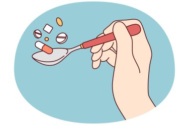 İlaç bağımlısı haplarla kaşık kaşık tutarken yakın plan. Bir kaşık dolusu ilaç ve ilaç almış bir hasta. İlaç ve sağlık hizmetleri. Vektör illüstrasyonu.