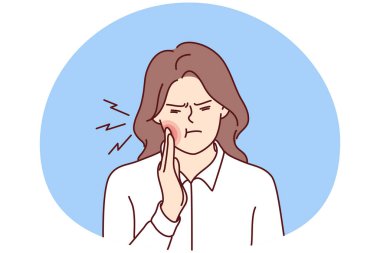 Mutsuz kadın dokunuşları diş ağrısından ya da çürükten muzdarip. Sağlıksız bir kız acı veren diş ağrılarıyla boğuşuyor. Oral bakım konsepti. Vektör illüstrasyonu.